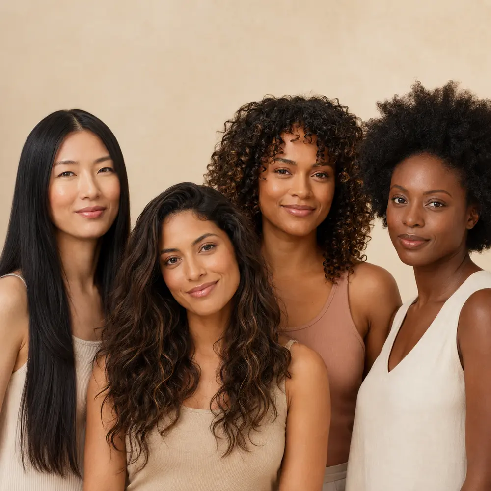 Four women with straight, wavy, curly, and coily hair